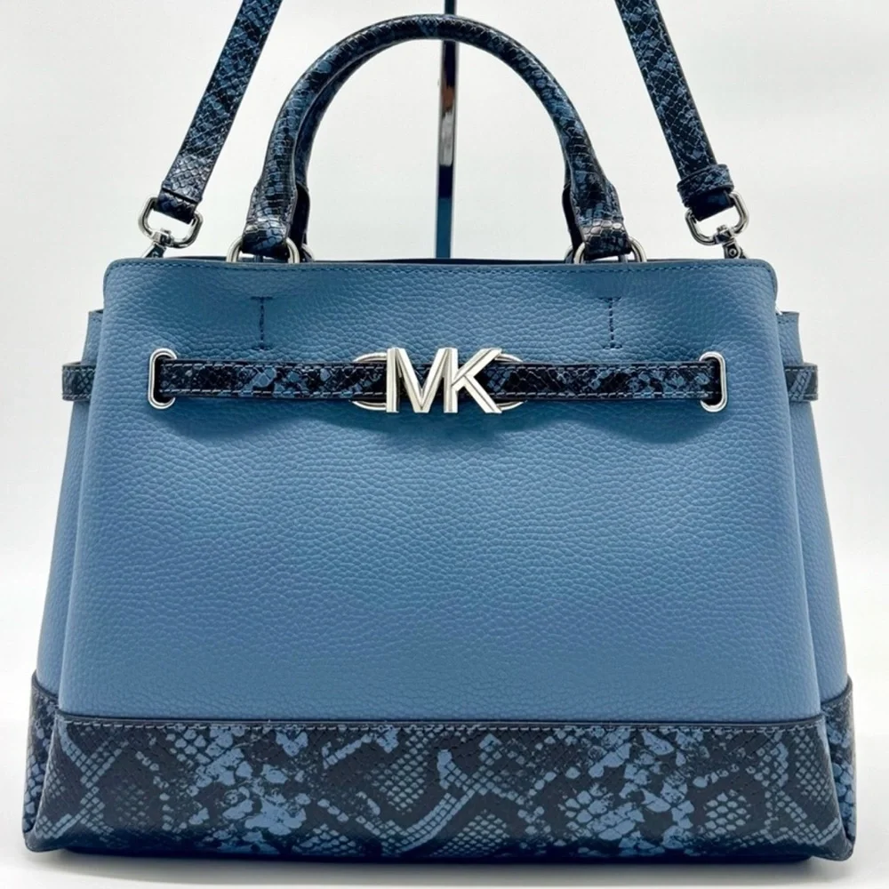 Michael Kors Large Reed Leather Belted Satchel Crossbody Bag Denim Snakeskin
